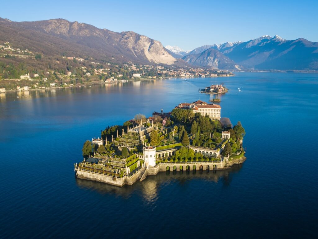 Aerial view of Isola Bella on Lake Maggiore with palace and terraced gardens.