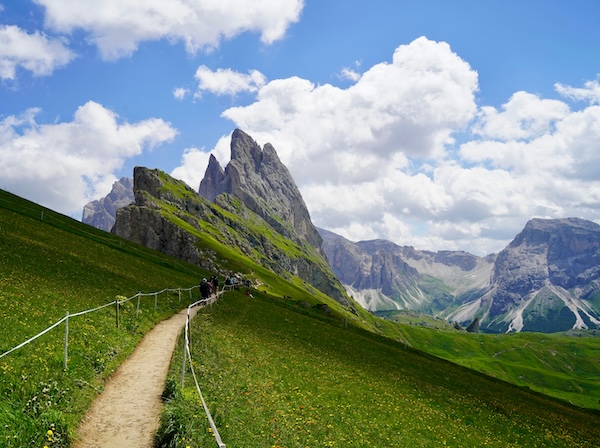 Walking trail and mountain scenery in the Italian Dolomites